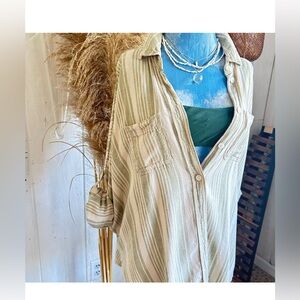 American Eagle Outfitters Striped Button-Down Shirt in Cream & Sage